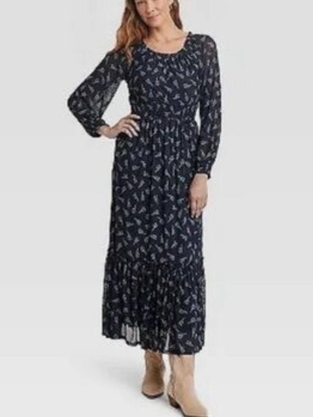Women's Navy Floral Long Sleeve Maxi Dress